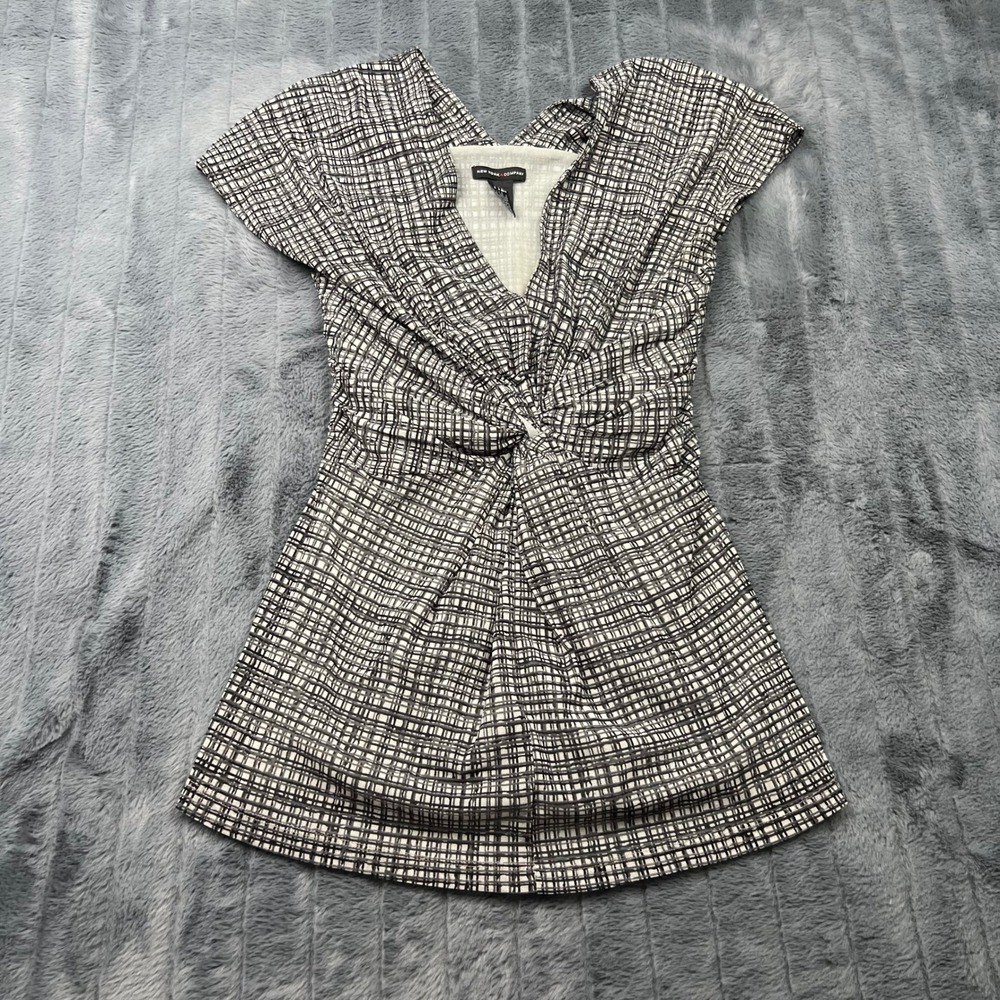 New York & Company Womens Medium Black White Grid Twist Front Mesh Blouse Top
